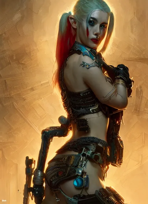 Image similar to a beautiful illustration of cyberpunk elven harley quinn, intricate, sharp focus, illustration, highly detailed, digital painting, concept art, matte, art by wlop and artgerm and greg rutkowski and alphonse mucha, masterpiece