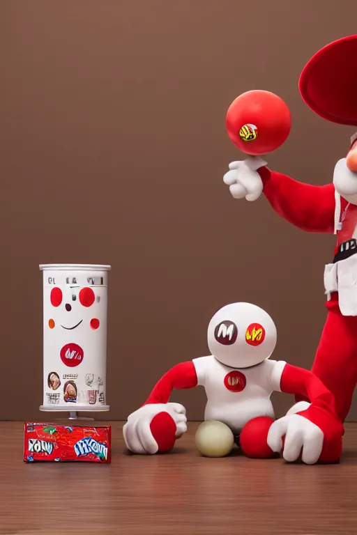 Image similar to a single red m & m candy with white arms and legs, a red sphere wearing a white baseball cap, eminem as the red m character standing on a floor covered with m & m candies, m & m candy dispenser!!!, m & m plush, unreal engine, studio lighting, unreal engine, volumetric lighting, artstation, cosplay, by hans bellmer