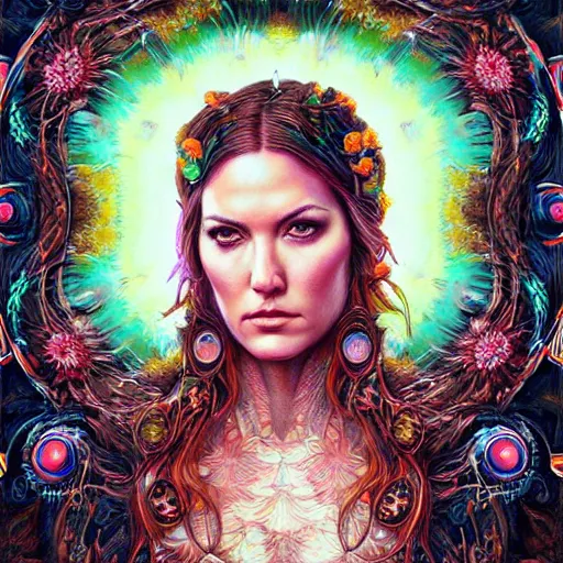 Image similar to portrait of danneel ackles, hyper detailed masterpiece, neon floral pattern, jean giraud, digital art painting, darkwave goth aesthetic, psychedelic, artgerm, donato giancola and tom bagshaw