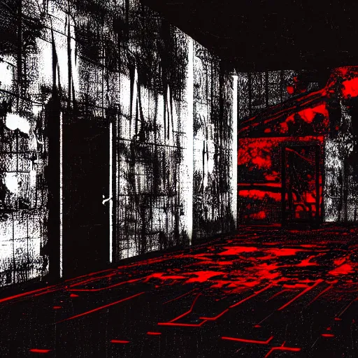 Prompt: cctv of an extremely dark empty abandoned building with glowing humanoid cryptid made out of television static, dark deep black shadows, red and black color contrast in the style of trevor henderson and james ensor goya, liminal space, 3 d octane render, glitch effect