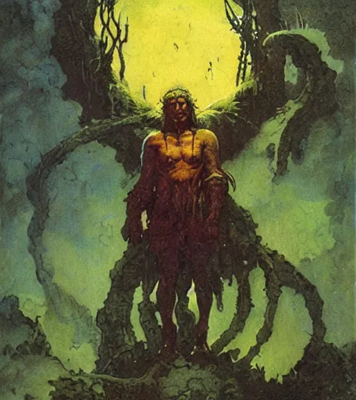 Image similar to A druid at the beginning of the world by Alan Lee, Mike Mignola and Frank Frazetta