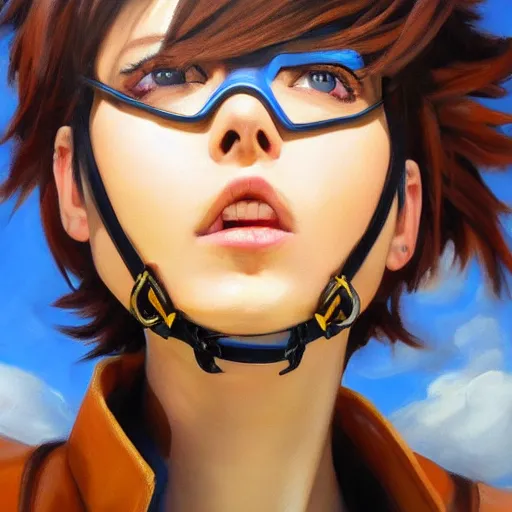 Image similar to oil painting of tracer overwatch in a field wearing large leather belt choker collar around neck, in style of mark arian, expressive face, detailed face, detailed eyes, full body, feminine face, tracer overwatch,