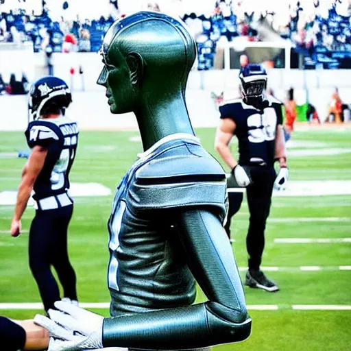 Image similar to “ a realistic detailed photo of a guy who is an attractive humanoid who is half robot and half humanoid, who is a male android, football player christian mccaffrey, shiny skin, posing like a statue, blank stare, on the field, on display ”