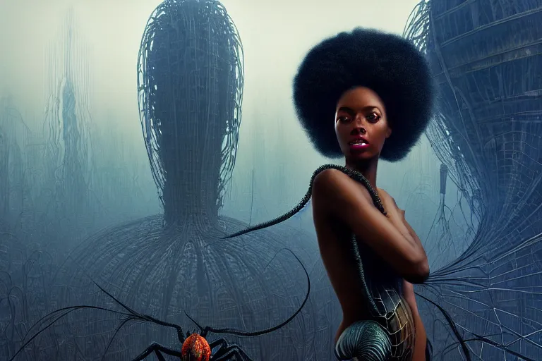 Image similar to realistic detailed photorealistic portrait movie shot of a beautiful black woman with a giant spider, dystopian city landscape background by denis villeneuve, amano, yves tanguy, alphonse mucha, ernst haeckel, david lynch, edward robert hughes, roger dean, cyber necklace, fashion shoot, rich moody colours, cyber patterns, wide angle