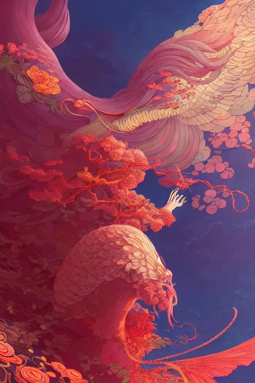 Image similar to a beautiful hyperdetailed character design 4 k wallpaper illustration of a huge reddish phoenix, victo ngai style, from china, style of studio ghibli, makoto shinkai, raphael lacoste, louis comfort tiffany, denoise, deblurring, artgerm, xision, james jean, ross tran, chinese style