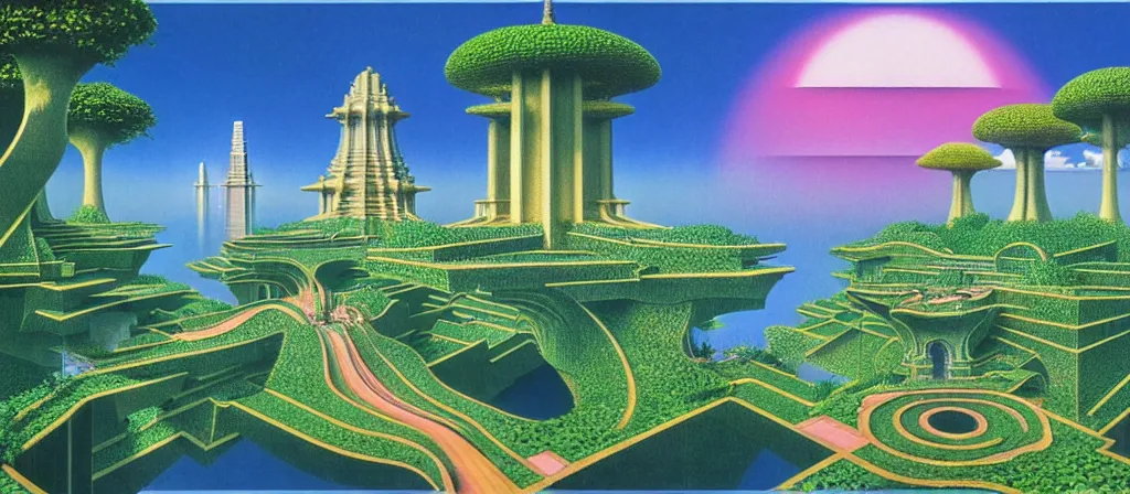 Image similar to huge gargantuan angular dimension of pagoda liminal spaces, temples by escher and ricardo bofill. utopian singaporean landscape by roger dean. magical realism, surrealism, lush sakura trees, waterfalls, thunder, lightning, vaporwave, trending on artstation, shot from below, epic scale