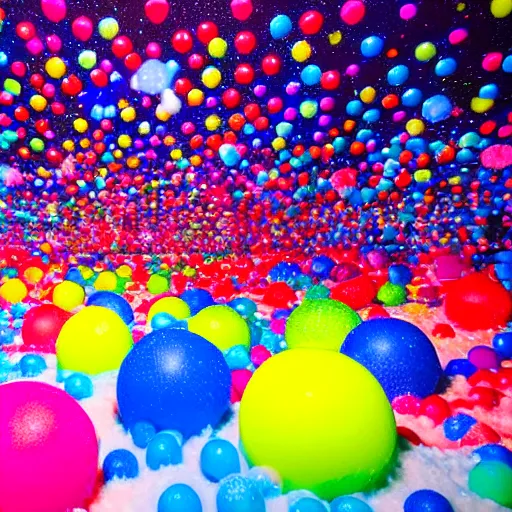 Image similar to Colourful snowball fight in a never ending ball pit lit by flashing pixel light 8k Resolution beautiful painting