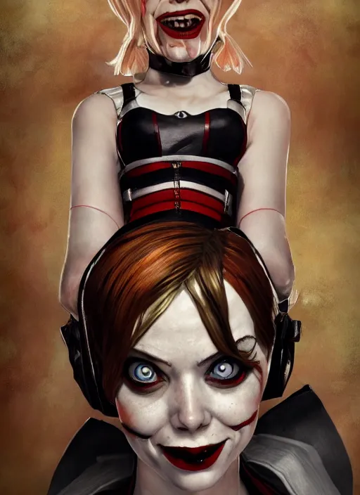 Prompt: bioshock portrait of emma stone as harley quinn, hyper detailed, digital art, trending in artstation, cinematic lighting, studio quality, smooth render, unreal engine 5 rendered, octane rendered, art style by klimt and nixeu and ian sprigger and wlop and krenz cushart.