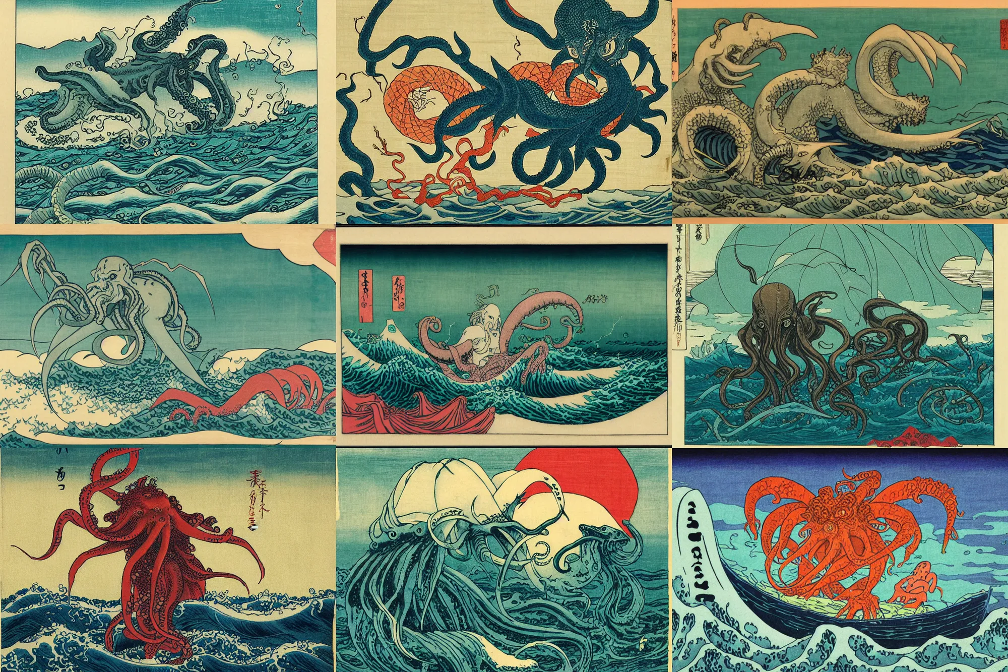 Prompt: cthulhu on the ocean, ukiyo - e