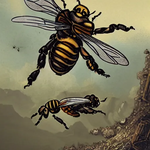 Prompt: friendly bees in medieval armour flying over a post - apocalyptic landscape