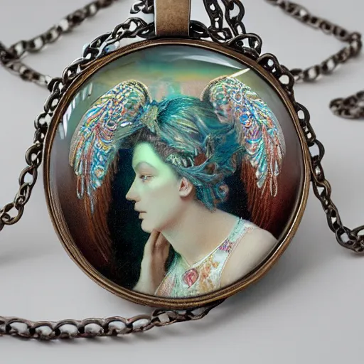 Image similar to hyperrealistic detailed necklace made like seraphim angel with cinematic sharp focus 8 k in style of alfons mucha as a necklace