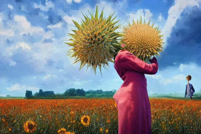 Prompt: grand thistle flower under head, a girl in a suit in field of flowers, surreal photography, sunrise, blue sky, dramatic light, impressionist painting, digital painting, artstation, simon stalenhag