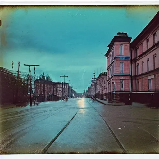 Image similar to low angle wide shot of Petrozavodsk street in the early morning, after rain, polaroid photo, by Warhol,