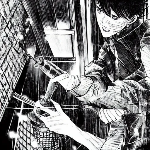 Image similar to close-up scene neighbor holding a drill and drilling holes in a room, all wall is drilled with holes, manga, professional manga artwork, very detailed, black and white manga horror in style of junji ito, kentaro miura, Tsutomu Nihei