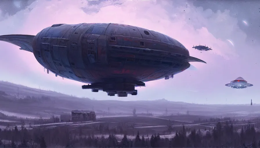 Image similar to a beautiful matte painting of a flying space ship over old soviet village, simon stalenhag and jakub rozalski and alan bean, trending on artstation, realistic rendering