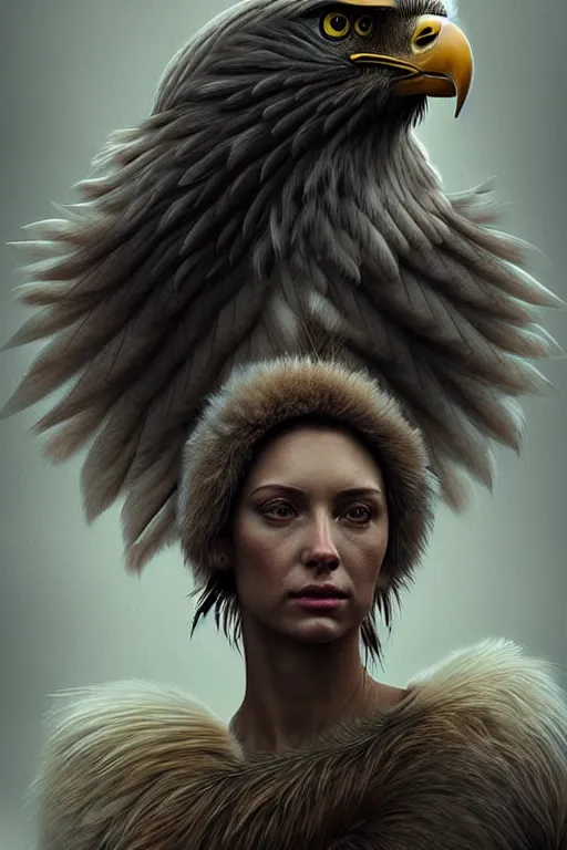 Image similar to epic professional digital art of attractive female human - eagle hybrid animal, wearing human air force jumpsuit, humanoid feathered head, eagle beak, by lisa roet, sam leach, leesha hannigan, wayne haag, artstation, cgsociety, epic, much wow, much detail, gorgeous, detailed, cinematic, masterpiece