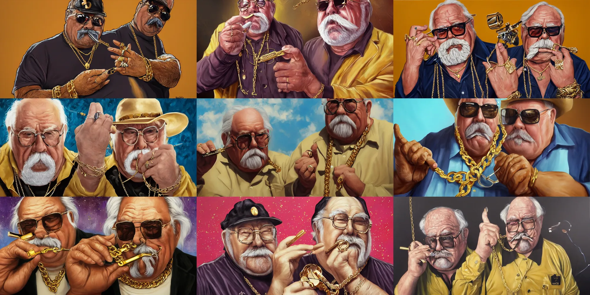 Prompt: wilford brimley rapper wearing gold chains with gold rings on his fingers carrying guns in both hands diabeetus high fidelity painting high resolution trending on artstation