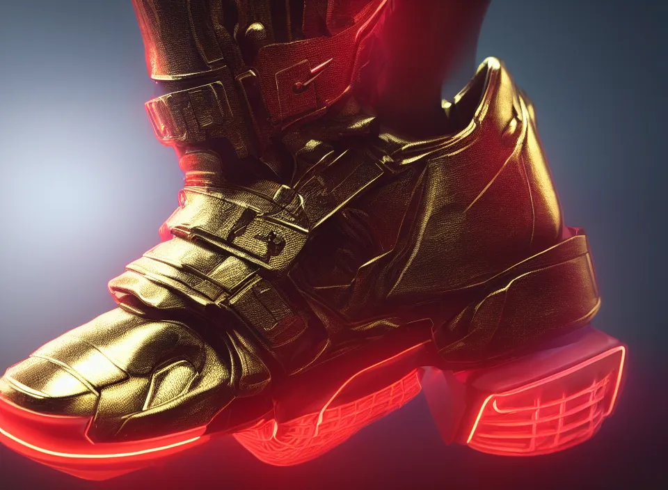 Prompt: realistic 3 d render of a cyberpunk android sneaker, beautiful studio lighting, soft, sharp focus, neon cyberpunk highlights, intricate detail, gold and red metal, soft rubber, textured plastic, octane render, side view, close up, trending on artstation, deviantart, nike, adidas, jakub rebelka