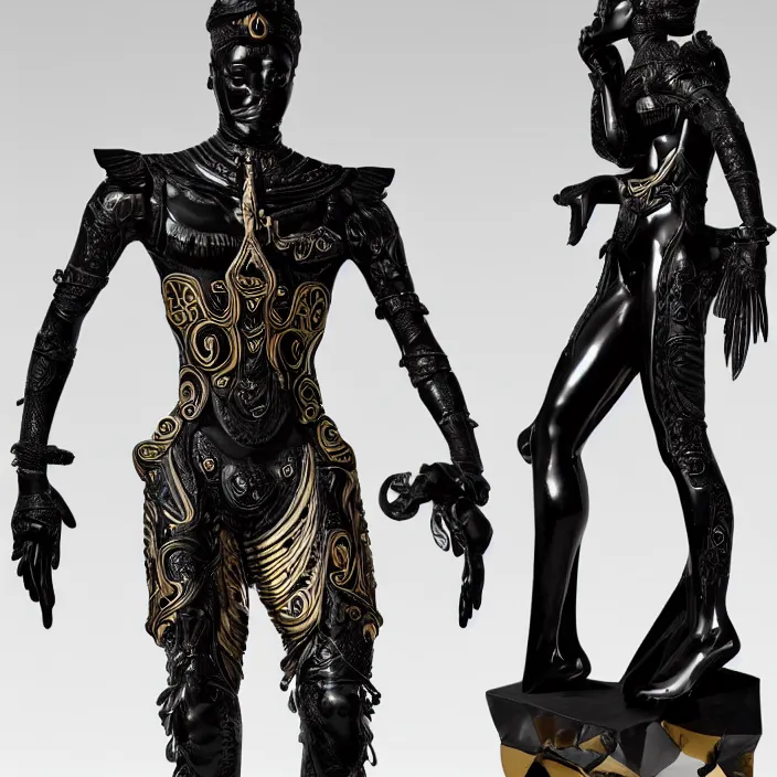 Image similar to fine art statue of masculine black egyptian god on a surrealist motorbike, ebony art deco, carved black marble, inlaid with ebony and gold accents, ebony rococo, wings black lace wear, sculpted by spider zero, zaha hadid, beautifully lit, hyper detailed, intricate, elite, ornate, photorealistic, micro details, 3 d sculpture, ray trace