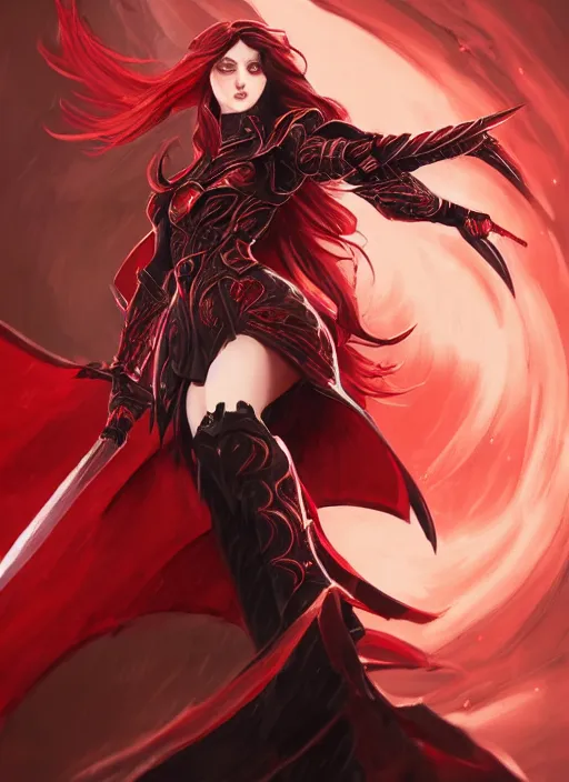 Image similar to a highly detailed illustration of elegant long black haired woman wearing red and black battle dress, heroically wielding black blade pose, with red magic surrounding her, intricate, elegant, highly detailed, centered, digital painting, artstation, concept art, smooth, sharp focus, league of legends concept art, WLOP