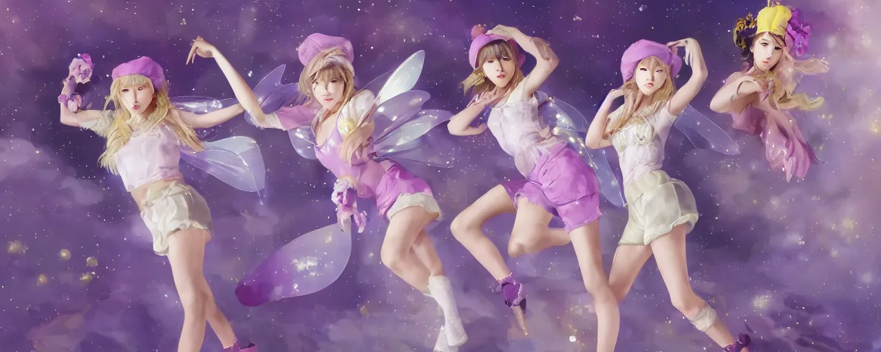 Image similar to Full View of a mysterious kpop fairy girl group with short blond hair wearing an oversized purple Beret, Baggy Purple overall shorts, Short Puffy pants made of silk, silk shoes, a big billowy scarf, Golden Ribbons, white leggings Covered in stars. Short Hair. peasant magic. masterpiece 4k digital illustration by Ruan Jia and Mandy Jurgens and Artgerm and william-adolphe bouguereau, award winning, Artstation, art nouveau aesthetic, Alphonse Mucha background, intricate details, realistic, panoramic view, Hyperdetailed, 8k resolution, intricate art nouveau