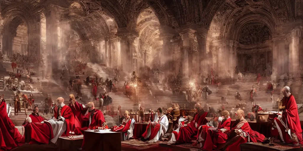 Prompt: ancient senators in royal crimson and white robes sit in tribunes, highly detailed, beautiful cinematic light deep focus, elegant, digital painting, smooth, sharp focus, golden ratio, dramatic illumination, art by aleksi briclot, rutkowski and caravaggio