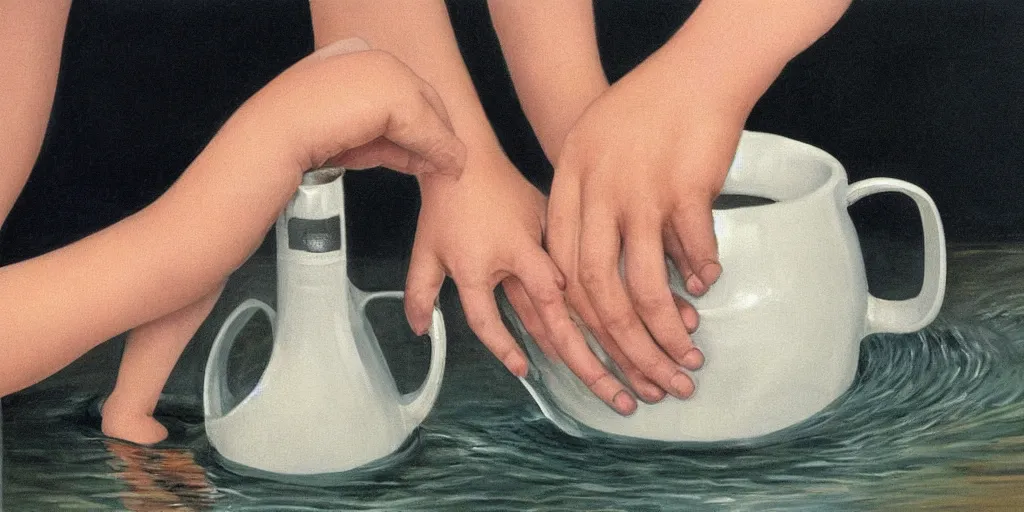 Image similar to Close up of delicate hands washing a baby in a white water jug. Painting by Alex Colville H 768