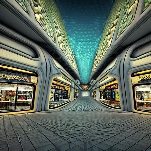 Image similar to hyperrealism computer simulation visualisation of parallel universe mall in surreal scene from art house movie from future by caravaggio rendered in mandelbulb 4 d and blender and octane render