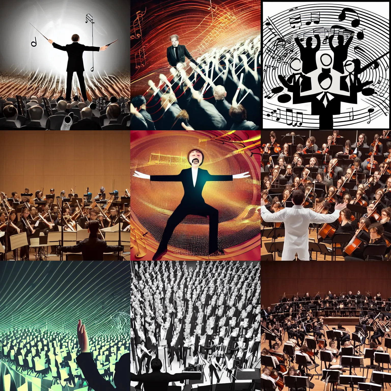 Prompt: orchestra conductor leading a chorus of sound wave audio waveforms swirling around him on the orchestral stage, control the soul, trending on artstation