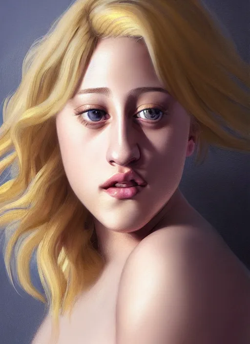 Image similar to full body portrait, teenage lili reinhart, blonde hair, obese, bangs, ponytail, sultry, realistic, sultry smirk, fluffy bangs, curly bangs, fat, belly, intricate, elegant, highly detailed, digital painting, artstation, concept art, smooth, sharp focus, illustration, art by wlop, mars ravelo and greg rutkowski