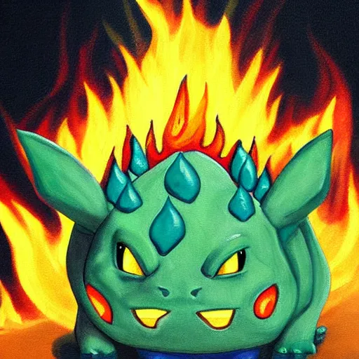 Image similar to a bulbasaur with fire powers, painting, realistic,lava background