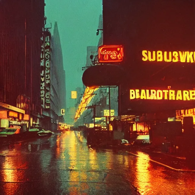 Image similar to kodachrome photograph, saturated photo, 1 9 6 7 cyberpunk city during a melancholy rainy night