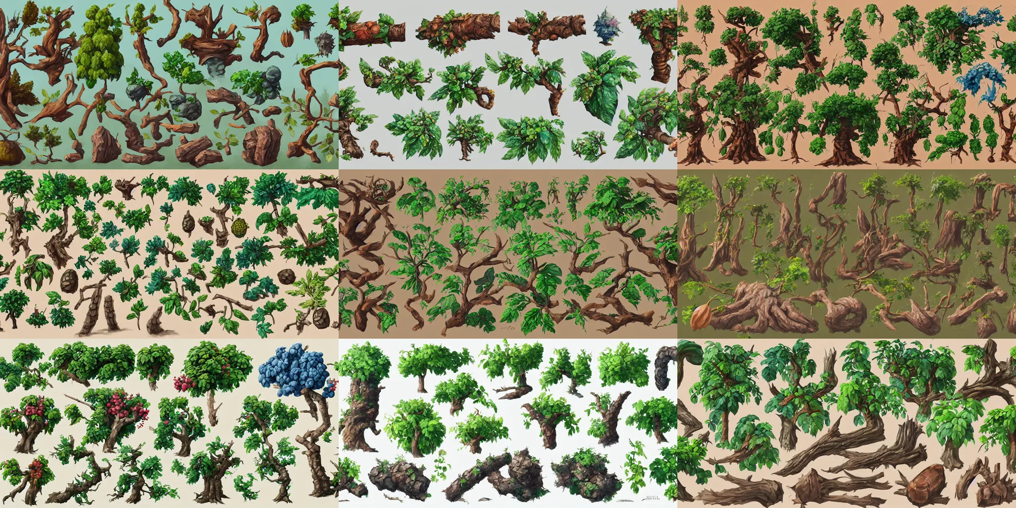 Prompt: game asset of plant and tree, props, in gouache detailed paintings