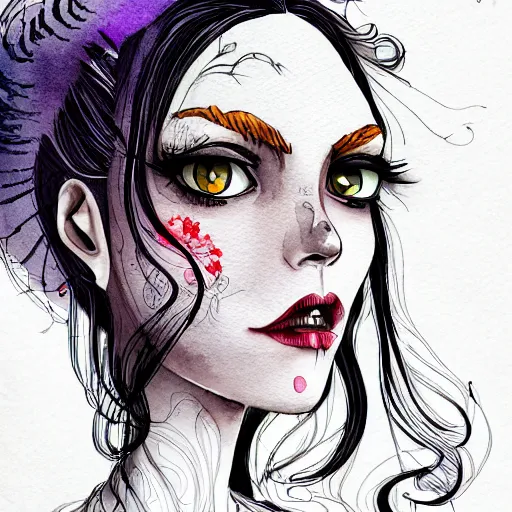 Prompt: a smug exclusivists female, black ink line art and watercolor, intricate, digital painting, concept art, smooth, focus, rim light style tim burton