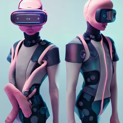 Image similar to intense futuristic bespoke vr headset respirator on a set of twin ninja hypebeasts, by ilya kuvshinov and james jean and sorayama and ikeuchi and hiroya oku and gilleard james, artstation trending, 8 k, 3 d render, photorealistic, volumetric lighting caustics, pink