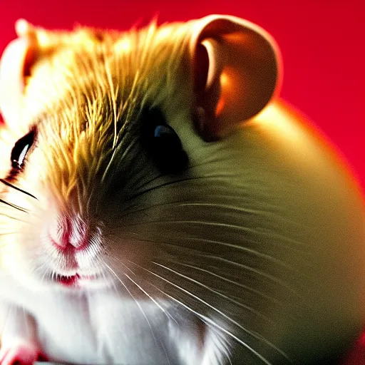 Image similar to uhd candid photo of an android hamster with cybernetic implants and laser eyes. photo by annie leibowitz