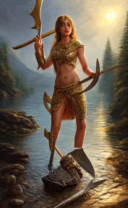 Image similar to lake godness holding gold axe and sliver axe, highly detailed, d & d, water everwhere fantasy, highly detailed, digital painting, trending on artstation, concept art, sharp focus, global illumination, ray tracing, illustration, art by artgerm and greg rutkowski and fuji choko and viktoria gavrilenko and hoang lap