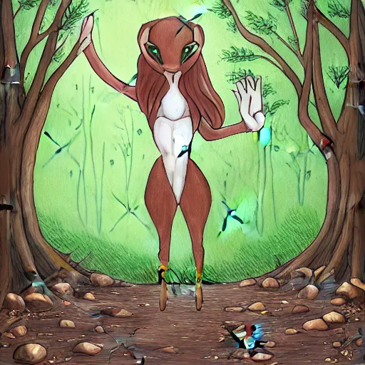 Prompt: anthro anthropomorphic doe frolicking in the woods by Katiehofgard