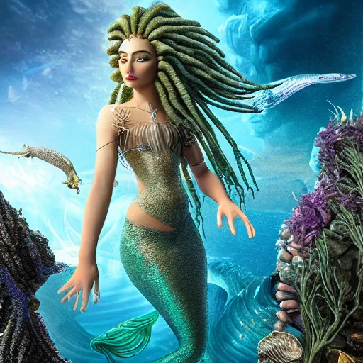 Prompt: unreal engine, octane render, 8 k, intricate detail, gilbert williams and sandro botticelli portrait of tan sumerian mermaid goddess atargatis, with aqua neon rapunzel dreadlocks adorned in seashells, near crystal temple in atlantis, iridescent dolphins swimming in the sea, unicorn flying in the sky, paleozoic atlantis