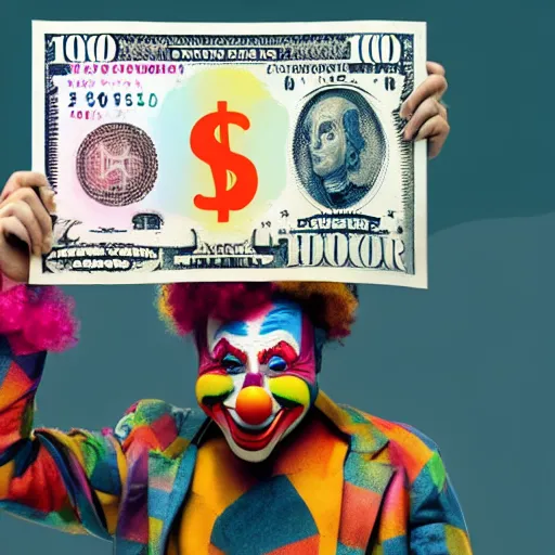 Image similar to A clown holding a dollar banknote, background is a slum, cinematic, epic, highly-detailed, photo realistic