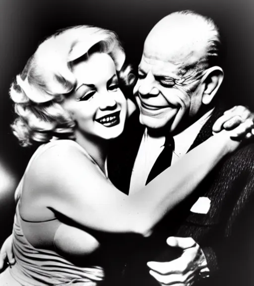 Image similar to young Don Rickles hugging marlin monroe, color photo, highly detailed, real life