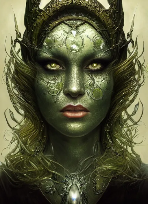 Image similar to full portrait of witchqueen, green metal shiny skin. intricate, elegant, highly detailed, centered, digital painting, artstation, concept art, smooth, sharp focus, illustration, artgerm, tomasz alen kopera, peter mohrbacher, donato giancola, joseph christian leyendecker, wlop, frank frazetta