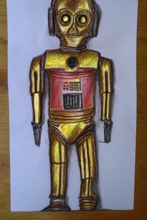 Image similar to child's drawing of c 3 po, crayon