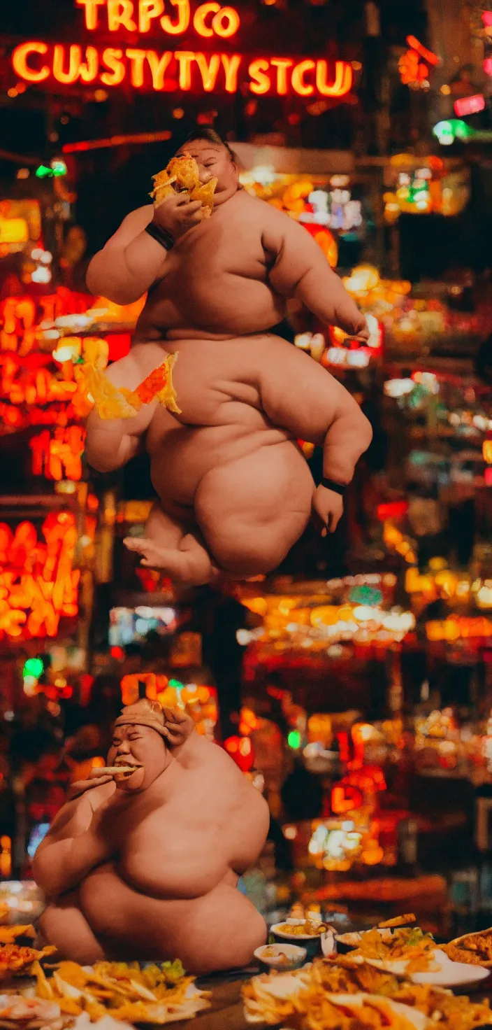 Image similar to sumo wrestler eating crispy tacos with hot sauce, photo realism, bokeh background, neon lights, city background, high definition, slr