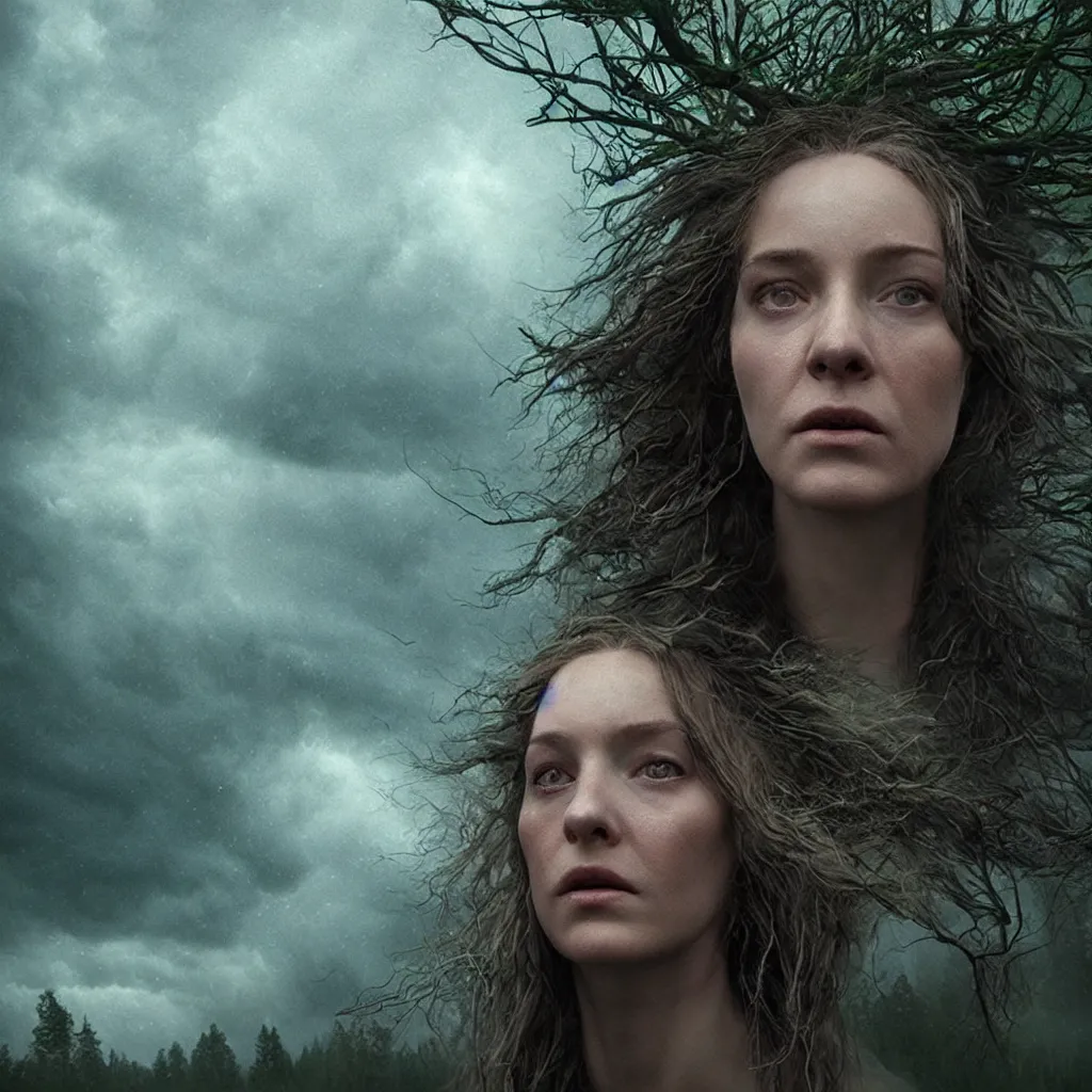 Prompt: head and shoulders cinematic portrait of a forest witch against a stormy sky,, artgerm, gregory crewdson, hyperreal