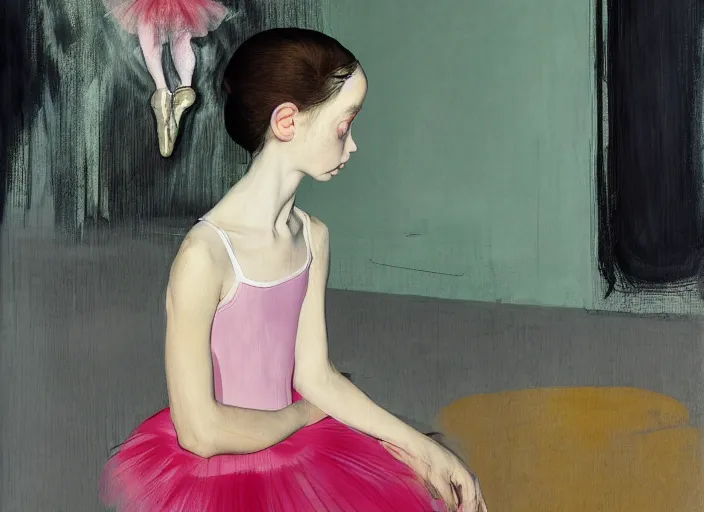 Image similar to portrait of nervous young girl ballerina sitting on the floor focusing in a dance hall by hernan bas and francis bacon and pat steir and hilma af klint, psychological, photorealistic, symmetrical face, dripping paint, washy brush, matte painting, rendered in octane, altermodern, masterpiece