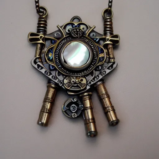 Prompt: steampunk jewelry with mother of pearl