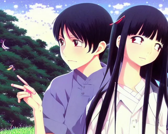 Prompt: beautiful anime girl with long black hair and bangs, two beautiful anime guys with black hair, wearing black clothes, siblings, fine details portrait, Japanese village background, bokeh. anime masterpiece by Studio Ghibli. illustration, sharp high-quality anime illustration in style of Ghibli, Ilya Kuvshinov, Artgerm