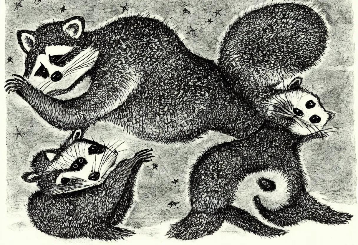 Image similar to one raccoon holding up and looking at a starfish, maurice sendak