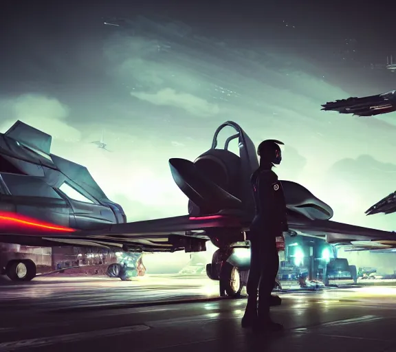 Prompt: fighter pilot stands beside futuristic sci fi fighter jet landed at runway of cyberpunk city, night photo ,dark cinematic lighting , digital concept art